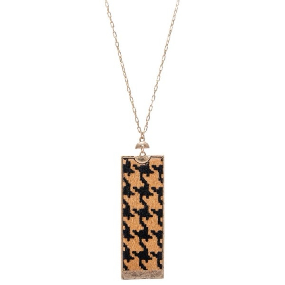 Chic Gold and Black Houndstooth Pendant Necklace